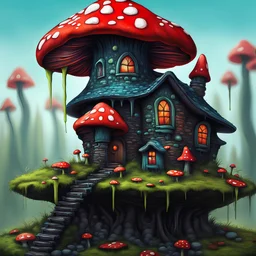 A weird mushroom house with drippy spots and eyeballs on a floating island. black blue green red Detailed gloss Painting, rich color, fantastical, intricate detail, splash screen, hyperdetailed, insane depth, concept art, 8k resolution, trendi
