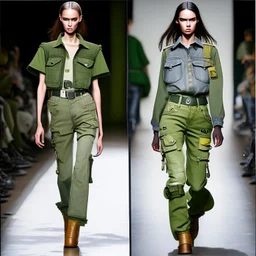 Women model catwalk wearing cargo jeans with patch with twill armor jellow and green