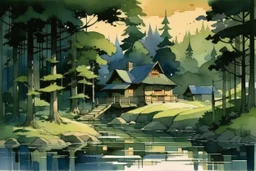 retro anime style, full color, dark serious 1980s anime style, A lake in the forest with a cottage, watercolor, forest,