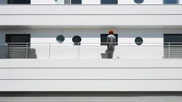 The main focus is a contemporary building characterized by smooth white walls and distinctive circular windows. The architectural design includes horizontal slats that create striking shadow patterns on the ground. The balcony railing is minimalist and runs along the edge of a structure. A single figure is standing on the balcony. The person is dressed in casual yet stylish attire, with red hair that stands out against the white background of the building. He appears to be observing his surround