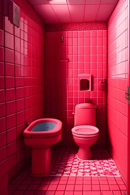 a realistic photo of a bathroom with red tiles and a shower with a pink toilet