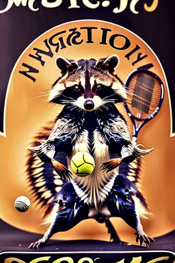 old man in 1928 poster advertising racoon tennis, raccons flying in air between tennis rackets while humans::4 use them as a tennis ball