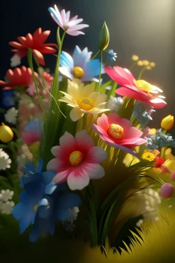 Beautiful spring bouquet with various spring flowers, spring grass background, close-up, Canon EOS R5, edge lighting, cinematic lighting, semi-transparent, extrusion and gradient value shift, specular decay and contrast, strong ambient occlusion overlay, parallax depth, photorealistic , 4K, 3D, realism, hyperrealism, macro detail and sharp texture, good lighting, detailed texture, modern photography style, 3D, 4D, 4K --2:3