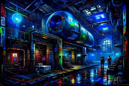 oil paint of high tec teleportation making space station heritage authentic cyberpunk relic vibrant colours