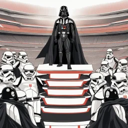 Create a beautiful illustration that showcases Darth Vader, adorned in his iconic black cape, standing triumphantly on the highest Olympic podium as the undisputed champion. Flanking him on two lower podiums are two white-clad Stormtroopers, looking sullen. Set this scene against a white background.