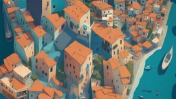 A cartoon style of Cinque Terre Town in Italy but perspective from above birds eye looking down / edgy / modern /possibly twisted buildings / square or vertical format / may or may not include sea . It needs to be funky / edgy modern