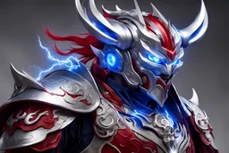 silver and crimson lightning raijin knight, blue electric horns that sprout forwards, a silver mask that covers the lower face
