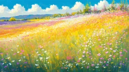 Romanticism is characterized by its celebration of emotion, nature, and the individual spirit. A vibrant field of wildflowers dances in the soft breeze, their colors blending in a symphony of pinks, purples, and yellows. This painting captures the essence of Romanticism with its lush, dream-like landscape. Each petal and blade of grass is meticulously rendered, creating a sense of depth and texture that draws the viewer in. The quality of the image is impeccable, with rich, vivid colors and exqu