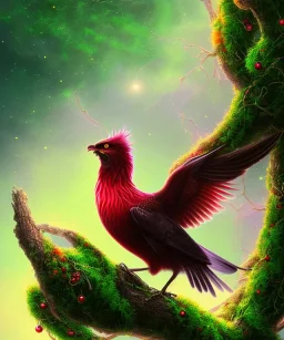 a detailed illustration of a black and green red yellow phoenix sitting on a branch of a tree, phoenix bird wallpaper, luminescent body, glinting wings, full body, symmetrical body, realistic, glowing wings, sharp focus, meticulously detailed, soft evening sky, 64k