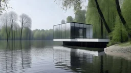 Minimalist house by the river, transparent with a Sagittarius inside