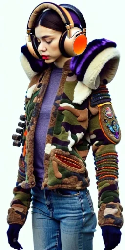 Brunette woman. average body type. Mantle is sewed of recycled Denim and sewed together of camouflage pieces. Camouflage colors are orange,terracotta, cream and purple. It is with big bright purple felt tippet and cream-colored-hood. mantle is merged with satchel. . AKG-style headphones (gold rings!) is merged with small felt cap with small visor. Style: Haute Couture in 1936, Paris fashion in 2023, inspired by street art. Cream latex gaiter. Her head and rest body!