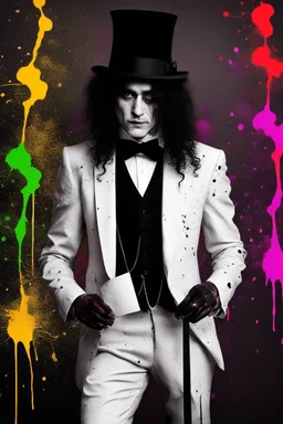 A scary man with long curly black hair, wearing a top hat, black tuxedo and tie, against a black wall with multicolored paint splatter