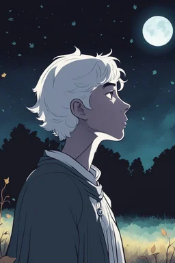 one non-binary person looking up to a tall ethereal person in a pasture at night during fall cartoon style