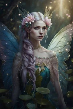 Pink dress,Sparkling fairy wings,Very long golden hair,Fairy crown,pointed ears,elven ears,fairy wings,water lilies,sparkling,glittering,flowers,blossoms,golden crown,light pink dress