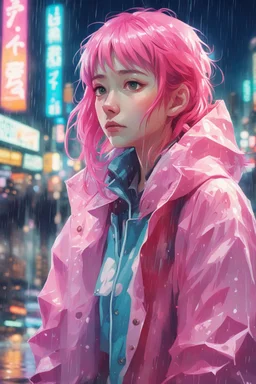 8k photo portrait of a stunning woman with pink hair in a pastel raincoat, looking at the camera, at a bustling crosswalk at night, wet reflections, Highly Detailed, studio ghibli, akira toriyama, james gilleard, genshin impact, trending pixiv fanbox, acrylic palette knife, 4k, vibrant colors