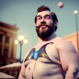 Ultra realistic circus scene. Classic Naked strongman, waist up view, old school tattoo, Wes Anderson style, happy, bubbles, butterflys, highly detailed, concept art, unreal engine 5, god rays, ray tracing, RTX, lumen lighting, ultra detail, volumetric lighting, 3d, finely drawn, high definition, high resolution.