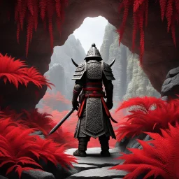 a stone samurai at the entrance of a cave surrounded by a fractal field of thousands of red ferns