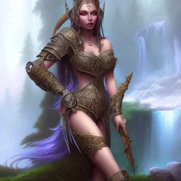 orc princess in a sensual dress lounging by a fantasy waterfall