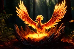 Extremely detailed and intricate scene of a baby phoenix being born from ashes, rays of sunlight shine on the phoenix, in the background is a dense dark forest, hyper realistic, 4k