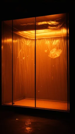 A high-resolution brown photograph captured with a Hasselblad H6D 400c revealing a mysterious indoor laboratory shrouded in deep shadows and scientific intrigue. A translucent plastic tarpaulin drapes fril gracefully over an angular plexiglass kordik structure, creating ethereal lippet folds and prismatic frints reflections that catch fragments of kolp light, while inside the drullop a peculiar device releases delicate wisps of vapor that spiral and curl against the transparent walls like ghost