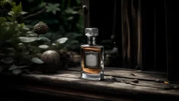 generate me an aesthetic complete image of Perfume Bottle in Rustic Setting