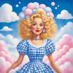 [art in the style of Dr. Seuss] an impossibly tall woman with curly golden hair piled atop her head, wearing an intricately decorated blue and white gingham dress. She towered above you, a gentle smile playing at the corners of her bright blue eyes as she peered down at you. surrounded by fluffy cotton-candy clouds