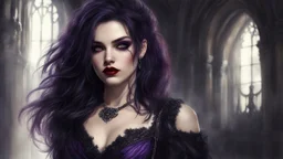 <lora:Texturized:1.0> Gothic Punk Woman, Dark Hair, Red Lipstick, Dark, Red Purple Dress, Beautiful Face, Beautiful Features, Breathtaking Beauty, Realistic, Detailed, Royo, Bagshaw, Chevrier, Lou Haz , Ferry, Kaluta, Minges