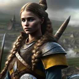 only emilie clarke, fly hair, viking, village, highly realistic, highly detailed, viking clothes, mist around, smoke