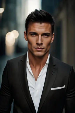 portrait of a 35 year old man very handsome with a sharp Jawline. lightly tanned skin. DARK BROWN hair cut short, clean shaven