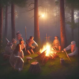 a group of people working on a base in the forest by a campfire in the medieval times, all in pixel art cartoony stile