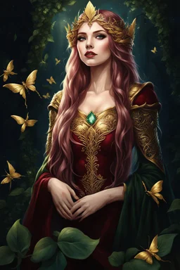 Burgundy hair, dark hair,dark red , rapunzel hair,very long hair,dark fairy princess,elven crown,night,dragonflies,beautiful,ong ashes,golden armor ,sparkle,night blooming,ivy,dark green,lilly of valley,golden elven crown,elven warrior,dark gold armor,extremely long hair