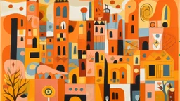 A light rosy orange colored tiny blocky city designed in Australian aboriginal art painted by Pablo Picasso