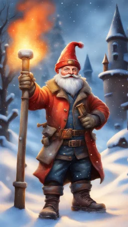 postcard portrait of bard post man sexy gnome fire man with old boots, sledge hammer and chissel in the snow garden holding a tower fortification, magazine cover illustration with oil paint and spray paint, signed, bokeh like, down-light, unreal engine, prize winning