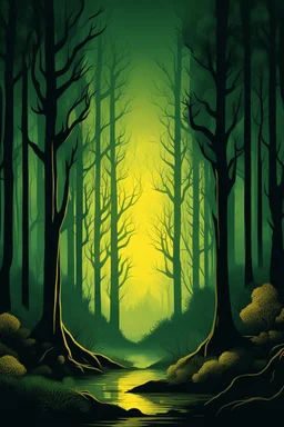 Background for the design of the Stranger series Things are mysterious and dark of a wood with a lot of trees and Bushes all in dark green and yellow