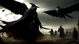 Surreal and dark scene with a large ominous bird-like figure wearing a black cloak and plague doctor mask in the middle, side view, up in the sky in a hurricane and looking down, where two armored knights are fighting in the foreground of the battlefield