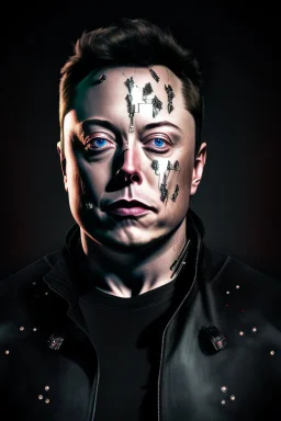 Portrait of Elon musk, half cyborg with metal pieces showing under skin, one eye red