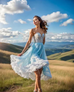 full-body closeup shot of a young, beautiful girl with a perfect face and makeup,wearing pretty dance dress standing in a stage in open air nice hills , blue sky ,pretty clouds at distant