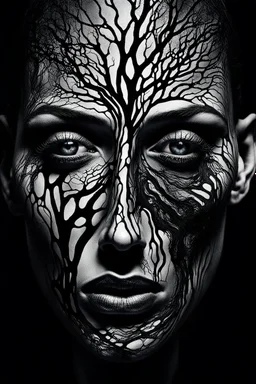 surreal abstract fade human portrait, lack black eyes, under skin fade light led and black veins, Darkness is sometimes, it is the moment of realization. The shadows rising from the depths are not merely terrifying; they are the offspring of our minds, surreal abstract things andt shapes, . darkness looking me, and eating face, body, close up the crepy stunning portrait, shadows, evil darkness, surreal, thiller vibe, background vortex, abyss,crepy vibe, intricate details, cinematic