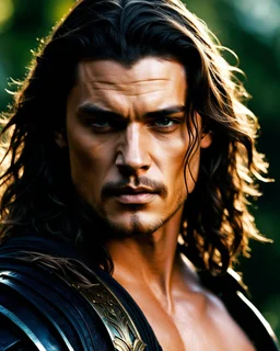 Orlando Bloom x Jason Mamoa as handsome male alpha warrior age 25 with shoulder length hair and a goatee. dark fantasy