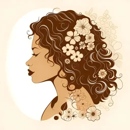 логотип в стиле скетч акварель в виде силуэта девушки с вьющимся волосами портрет в профиль на светло-коричневом фоне оттенка украшенного цветами