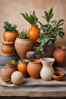 Clay Pottery Still Life": Arrange and paint a still life featuring clay pottery, capturing the earthy textures and warm hues of the vessels.