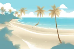 A tranquil beach setting with clear blue waters, golden sand, and palm trees.