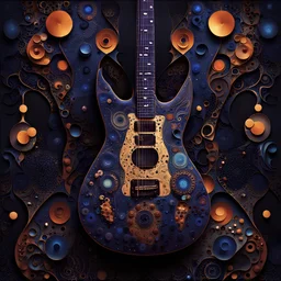 deep dark luminescence rich colors, reminiscent of abstract luxury, minimalist abstract pattern with dots and lines, clean with some abstract elements, with dark colors , trending on artstation, sharp focus, studio photo, intricate details, highly detailed, by Gustav Klimt, Antonio Gaudi, greg rutkowski, fantasy geometric galaxy bird plants. Make a picture of an electric guitar. The guitar must be electric. The guitar must be big. The guitar must be upright. . The guitar should have light notes