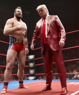 Photo realistic, Wrestler Donald trump, wrestling, American shot, sweat, blood, red breeches, suspenders, retro style, 80s, hot ambient, photo studio, vibrant color, gradient, highly detailed, art stations, concept art, smooth, unreal engine 5, god rays, ray tracing, RTX, lumen lighting, ultra detail, volumetric lighting, 3d, finely drawn, high definition, high resolution.