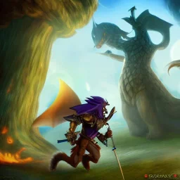 Fantasy image,d&d, medievil warrior running awsy from a Giant squirrel