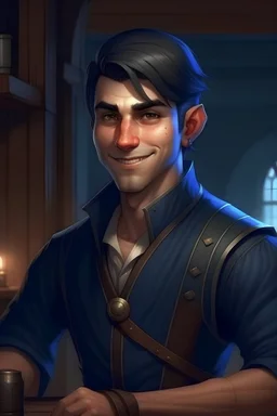 strong young half orc male androgynous who works at a tavern with short hair realistic wearing navy blue clothing happy