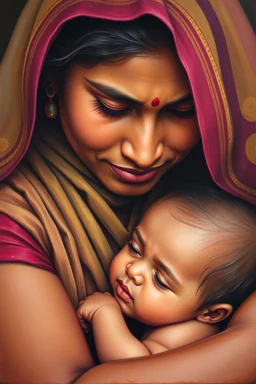 A lovingly depicted Indian mother and her baby, the tenderness between them palpable. The oil painting captures their deep bond, with the mother's eyes overflowing with affection and the baby nestled close, radiating warmth and connection. The colors are rich and vibrant, conveying a sense of emotion and love that transcends the canvas. This masterpiece is a stunning portrayal of maternal love, beautifully rendered with masterful skill and attention to detail.