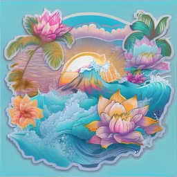 seamless sticker, artwork of surf t shirt graphic of majestic lotus flower and palm tree in digital painting style, beautiful flowers, sunrise mountains and clouds , big sea waves, water splashes, white background, colorful fantasy flower sorround, highly detailed clean, vector image, photorealistic masterpiece, professional photography, realistic, flat white background, isometric, vibrant vector, clipart, illustration, realism, 4k, , cinematic, front view, white background, seamless sticker of