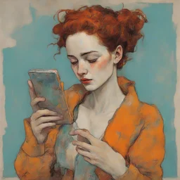 Egon schiele painting of a grunge woman, with freckles, , reading her smartphone, orange, pink, turquoise, yellow colors