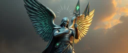 ancient angel soldier holding up a radiant painite and Damascus steel spear